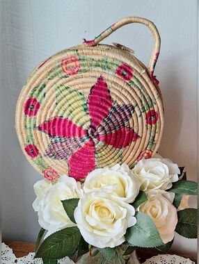 Vintage Coiled Wicker Handwoven & Hand Painted Circle Handbag With Carved Toggle